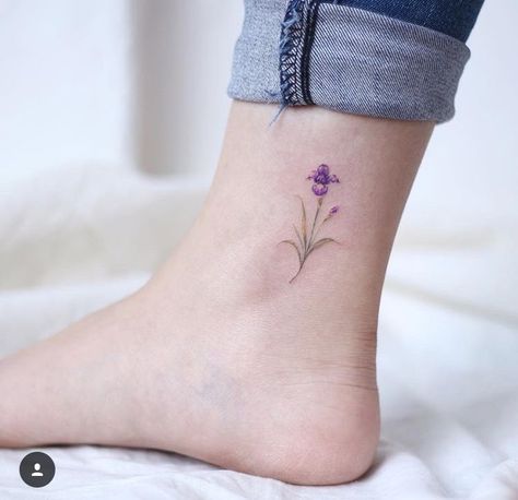 Iris Tattoo Small Simple, Purple Iris Tattoo Small, Tiny Iris Tattoo, Purple Iris Tattoo, Flower Tattoo Wrist, Anklet Tattoos For Women, Purple Flower Tattoos, Iris Flower Tattoo, Violet Tattoo