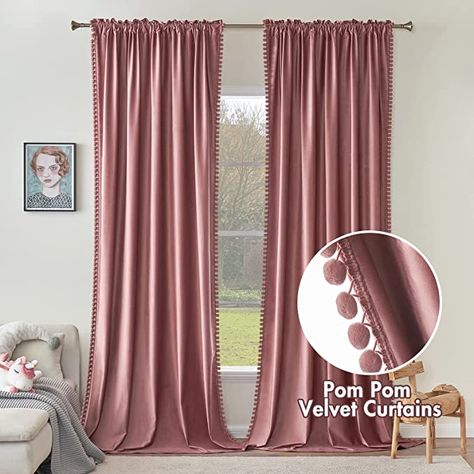 Velvet Curtains Bedroom, Pink Velvet Curtains, Navy Curtains, Rose Curtains, Dry Rose, Finials For Curtain Rods, Pink Pom Pom, Silk Curtains, Pink Curtains