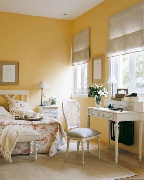 Yellow Bedroom Walls, Yellow Painted Walls, Yellow Room Decor, Antique White Furniture, Yellow Bedroom Decor, Yellow Paint Colors, Yellow Room, Yellow Paint, Yellow Bedroom