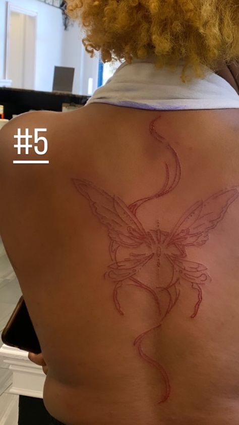 Fairy Wing Spine Tattoo, Spine Tattoo With Wings, Fairy Wing Tattoos On Back, Fairy Wing Back Tattoo, Wing Tattoo On Back, Back Wings Tattoo, Butterfly Wings Tattoo On Back, Fairy Wings Back Tattoo, Wing Back Tattoo