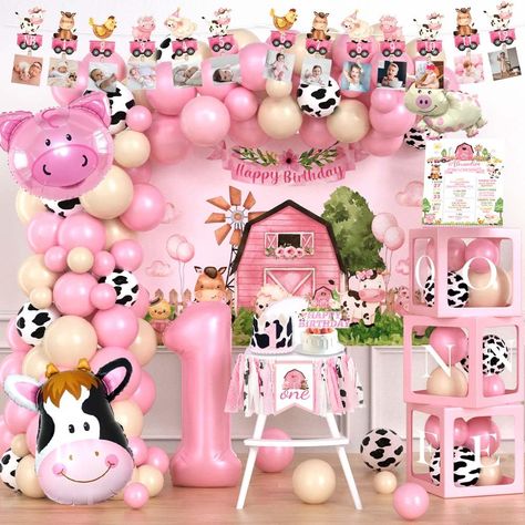 PRICES MAY VARY. 【COSY FARM ONE PARTY】🐮 Create a warm barnyard party with pink and ivory colors! Cute farm animals bring unlimited fun and novel experiences to your little one and other children to explore a different one year old birthday. Precious memories with our party decorations and let everyone enjoy the unforgettable day! 【FARM 1ST PARTY DECORATIONS GIRL SET】🐷 90 x 12’’ latex balloons, 30 x 5’’ latex balloons, 1 x number ‘1’ foil balloon, 3 x farm animal foil balloons, 1 x backdrop, 2 Petting Zoo 1st Birthday Party, Farm First Birthday Party, Farm First Birthday, Simple First Birthday, 1st Birthday Girl Decorations, Farm Animal Party, Farm Animals Birthday Party, Farm Themed Birthday Party, Girls Birthday Party Decorations