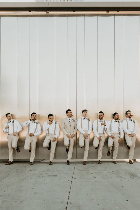 Bridal Party Looks Grooms, Bridal Party Men, Groomsmen Simple Attire, Wedding Photography Bridesmaids Groomsmen, Groomsmen With Vests Only, Olive Green And Brown Groomsmen, Wedding Party With Tan Suits, Groomens Attire Sage Green, Green And White Wedding Groomsmen