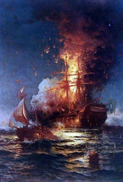 "Burning of the Frigate Philadelphia in the Harbor of Tripoli, February 16, 1804". Oil on canvas, 60" by 42", by Edward Moran (1829-1901), signed and dated by the artist, 1897. It depicts USS Philadelphia, previously captured by the Tripolitans, ablaze after she was boarded and set afire by a party from the ketch Intrepid led by Lieutenant Stephen Decatur. Painting in the U.S. Naval Academy Museum Collection. Gift of Paul E. Sutro, 1940. Official U.S. Navy Photograph, KN 10849 (Color). Pirate Rum, Barbary Pirates, Navi A Vela, Uss Constitution, Academy Museum, Sea Battle, Old Sailing Ships, Arte Indie, Maritime Art