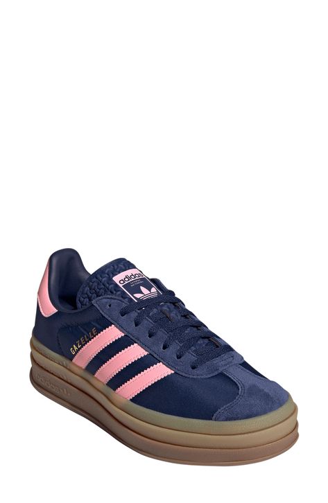 A triple-stacked platform elevates a time-tested sneaker, while serrated side stripes keep it close to its roots. Lace-up style Removable insole Leather upper/synthetic and textile lining/synthetic sole Imported Trendy Shoes For Women Sneakers, Platform Gazelle, Cute Platform Shoes, Gazelle Bold Shoes, Adidas Bold, Pink Gazelles, Pink Adidas Shoes, Adidas Gazelle Bold, Navy Adidas