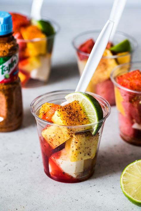 Mexican Fruit Cups, Steak Fajita Marinade, Chamoy Sauce, Mexican Fruit, Isabel Eats, Fajita Marinade, Best Fruit Salad, Mexican Snacks, Steak Tacos