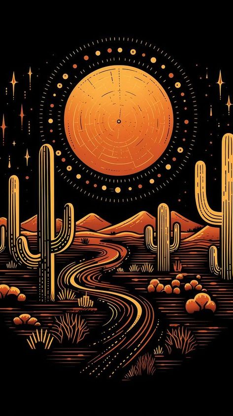 Cactus oasis landscape outdoors desert. | premium image by rawpixel.com Landscape With Cactus, Trippy Desert Art, Desert Night Illustration, Phone Wallpaper Western, Vintage Desert Aesthetic, Desert Aesthetic Decor, Iphone Wallpaper Space, Laser Drawing, Southwest Wallpaper