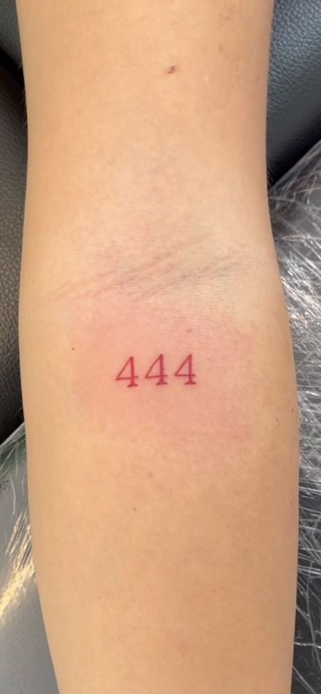 444 Tiny Tattoo, 444 Tattoo In Red, Angel Number Tattoo Ideas 444, Red 999 Tattoo, Angel Number Tattoos 444, Angels Number Tattoo, Angel Numbers Tattoo 444, Red Ink Tattoos Small Words, Red Angel Number Tattoo