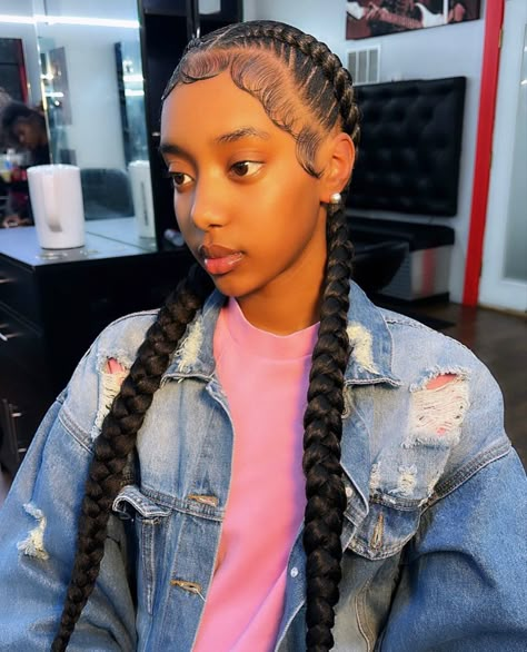 Easy Weave Braids Hairstyles, Two Braids Black Girls Hair, Two Big French Braids, Box Braids With Dramatic Edges, Two Dutch Braids With Curls, Two Long French Braids Black Women, Two Cornrow Braids With Curls, Big Dramatic Edges, Dutch Braids With Edges