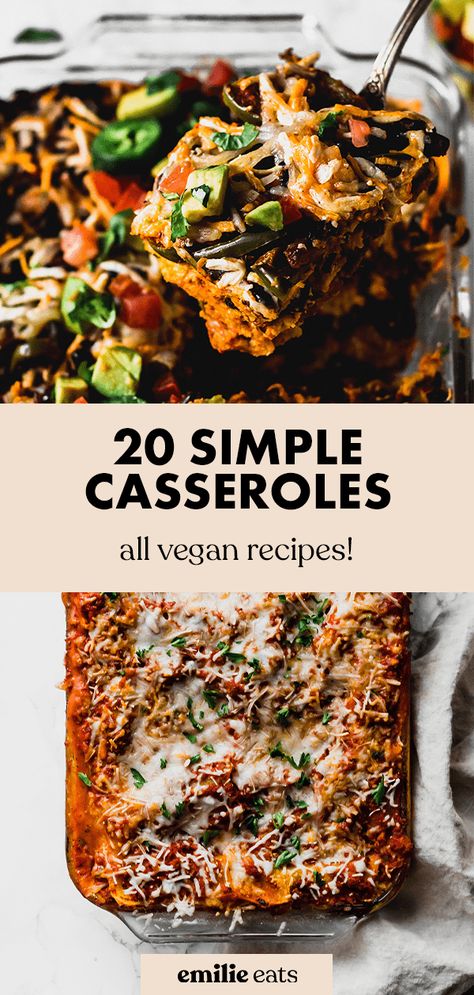 Save this list of 20 vegan casserole recipes for go-to easy, cozy meals! It has from vegan enchilada casserole to vegan baked ziti. Vegan Lasagna Casserole, One Dish Vegan Meals, Filling Vegan Dinner, Vegan Thanksgiving Casserole Recipes, Vegan Recipes Casserole, High Protein Vegan Casserole, Vegan Noodle Casserole, Vegan Dinner Casserole Recipes, Vegan Group Meals