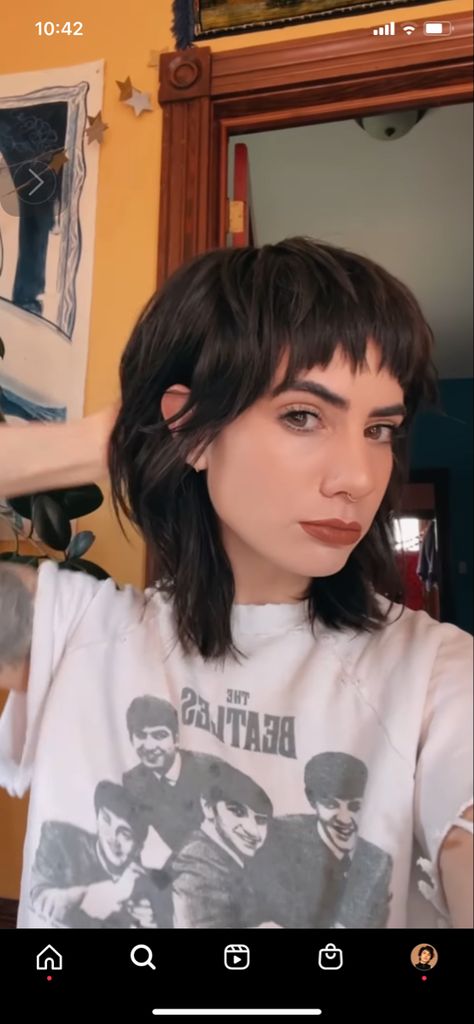 Soft Shag Medium Hair, Shag Hair With Micro Bangs, Alternative Haircut For Straight Hair, 2023 Alt Hair Trends, Shag Mullet Haircut Straight Hair, Short Shag With Short Bangs, Lady Mullet Straight Hair, Bangs Mullet Women, Grunge Mullet Straight Hair