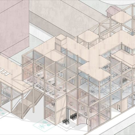 Designing a community center for International Students Flexible Architecture Spaces, Modular Structure Architecture, Grid Structure Architecture, Co Housing Architecture Concept, Modular Structure Design, Structural Grid Architecture Plan, Modular Apartment Architecture, Modular Building Design, Modular Architecture Design