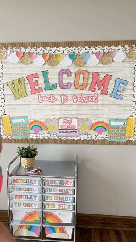 Classroom Bulletin Boards Rainbow, Classroom Bulliten Boards, Cute Pre K Classroom Themes, Calm Classroom Color Palette, Welcoming Classroom Decor, Rainbow Classroom Decor Ideas, Modern Rainbow Classroom, Pink And Orange Classroom Decor, Diy Classroom Decorations Elementary