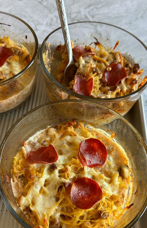 Spaghetti Squash Pizza Casseroles - Stay Fit Mom What To Eat With Spaghetti Squash, Single Serve Meal Prep, Stay Fit Mom Recipes, Spaghetti Squash Pizza Casserole, Spaghetti Squash Pizza, Conscious Eating, Pepperoni And Cheese, Spaghetti Squash Noodles, Stay Fit Mom