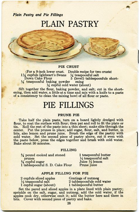 Prune Pie, Pastry Pie Crust, Pie Fillings, Food Infographic, Pastry Pie, Handwritten Recipes, Vintage Cooking, Pie Crust Recipes, Grandmas Recipes