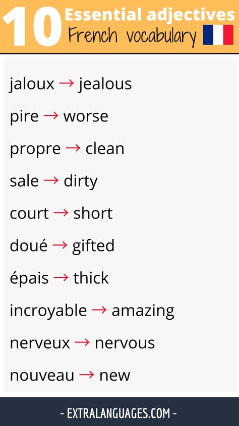 Adjectives In French, French Vocabulary Lists, French Vocabulary Flashcards, French Notes, French Adjectives, French Language Basics, French Sentences, Useful French Phrases, Learn French Beginner