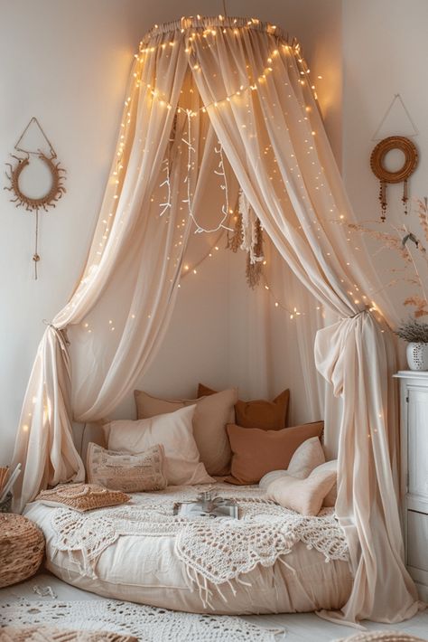 29 Cozy Boho Style Bedroom Ideas 6 Bedroom Cozy Fairy Lights, Fairy Light Canopy Bedroom, Fairy Theme Bedroom Ideas, Fairy Lights Curtain Bedroom, Corner Bed With Canopy, Boho Cozy Corner, Canopy Bed Corner, Bedroom With Vines And Fairy Lights, Fairy Tale Room Decor