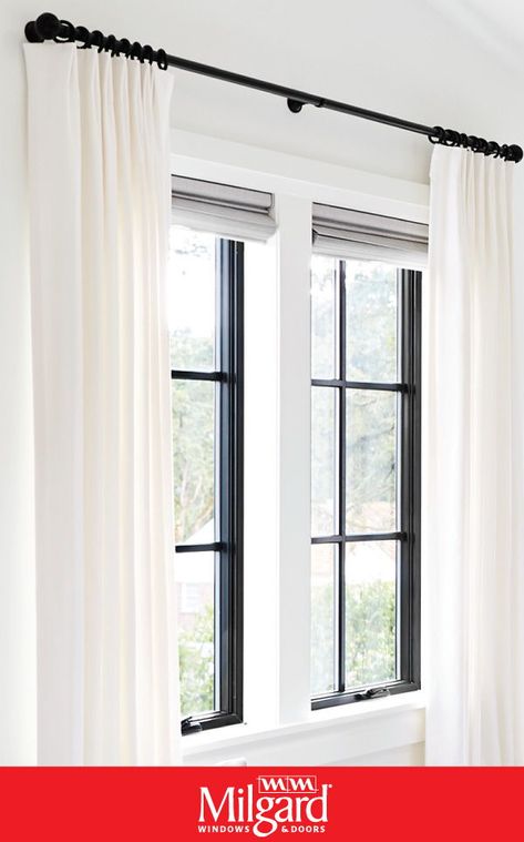 Bedroom window ideas. Black window frames can be a great contrast for white or off-white walls and curtains. The addition of the colonial grids offers a sophisticated look. Choose black window frames for your next home project. Featuring: Ultra™ Series Casement Windows. #Homedecorideas #trendingwindows #bedroomwindowideas #windowideas #casementwindowideas Bedroom Window Ideas, White Curtains Bedroom, Black Window Trims, Black Curtain Rods, Black Window Frames, Window Curtains Bedroom, Off White Walls, Black Window, Window Treatments Bedroom