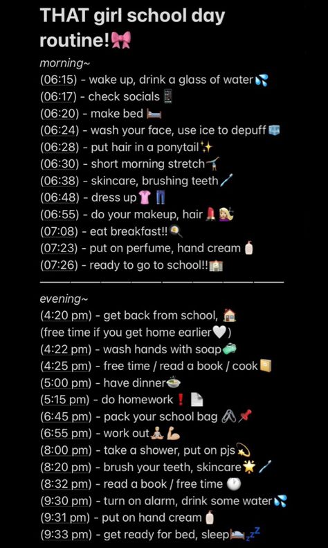 Glow Up School Morning Routine, Glow Up Schedule School, Good Night Routines For School, Night Routine Ideas List, Routine For After School, Daily Routine Schedule School Day, Good Morning Rutin, Glowup Routine For Teens, Morning And Night Routine For School