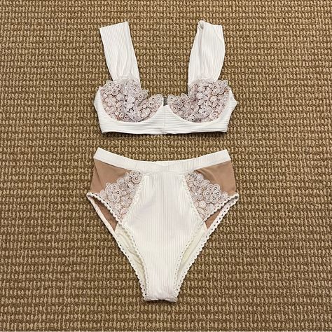 For Love & Lemons White Daisy Lace Bikini Small S. High Waisted Two Piece Swimsuit With White Floral Lace And Tan Mesh Underlay. New Without Tags Nwot. Never Worn. Scalloped Edge, Elastic Waist. Perfect For A Bachelorette Party Or Honeymoon. Wide Straps. Underwire Cups And Adjustable Clasp Back Two Piece Swimsuit, White Daisy, For Love & Lemons, Love And Lemons, For Love And Lemons, Scalloped Edge, Wide Straps, For Love, Bachelorette Party