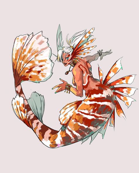 Lionfish Mermaid 🦁⠀ ⠀ -Day 4 of Mermay-⠀ Another beautiful fish....but deadly!☠️⠀ The look of lionfish always remind me of fearless warriors and fighters (they’re poisonous, and also considered as invasive species.) So I gave her a more buff body type! I love drawing muscles but I also need to do more studies on it! :o⠀ I used reference for the pose, it turned out really fun to experiment with mermaid anatomy! I first thought it’s going to be difficult but I think I’m already more familiar with Cool Mermaid Designs, Water Character Concept Art, Lionfish Character Design, Peacock Tail Drawing, Shark Mermaid Character Design, Lionfish Drawing, Lion Fish Mermaid, Lionfish Art, Whale Character Design