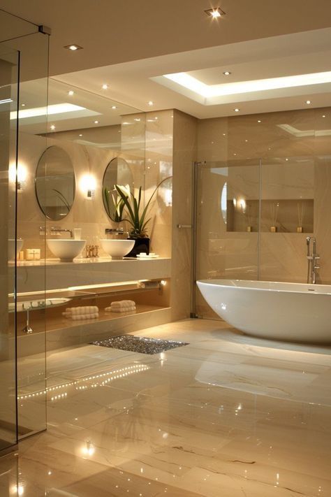 Bedroom Luxury Elegant Modern Beige, Modern Large Bathroom Design, Cream Bathrooms Modern, Luxury Modern Bathroom Design, Contemporary Spa Bathroom, Large Bathroom Sink Ideas, Marble Beige Bathroom, Marble House Design, Luxury Modern House Interior