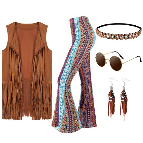 PRICES MAY VARY. Women's Western Cowgirl Hippie Outfit: the set includes 1 hippie costume fringe vest, 1 pair of 70's hippie flare pants, 1 bohemian crystal headband, 1 pair of bohemian feather earrings and 1 pair of vintage sunglasses; These 60s 70s outfits for women and accessories are classic in looking and vintage in style to add charm to you Reliable in Materials: the women's fringe vest of the hippie costume set is made of faux suede fabric, vintage and retro, very soft and comfortable to Hippie Flare Pants, Disco Outfits, Hippie Costume Halloween, Hippie Accessories, 70s Costume, Hippie Halloween, Costume For Women, Hipster Girls, 70s Outfits