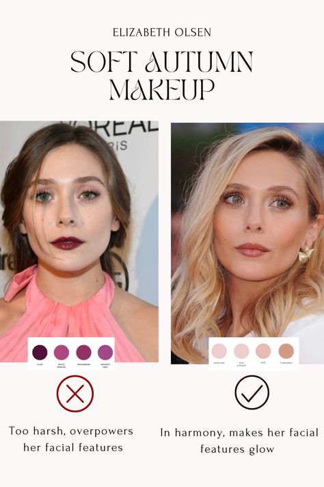 Soft Autumn Makeup Elizabeth Olsen Muted Makeup, Color Season Analysis, Soft Autumn Makeup, Season Analysis, Autumn Color Palette Fashion, Soft Autumn Palette, Soft Autumn Color Palette, Autumn Skin, Soft Summer Palette