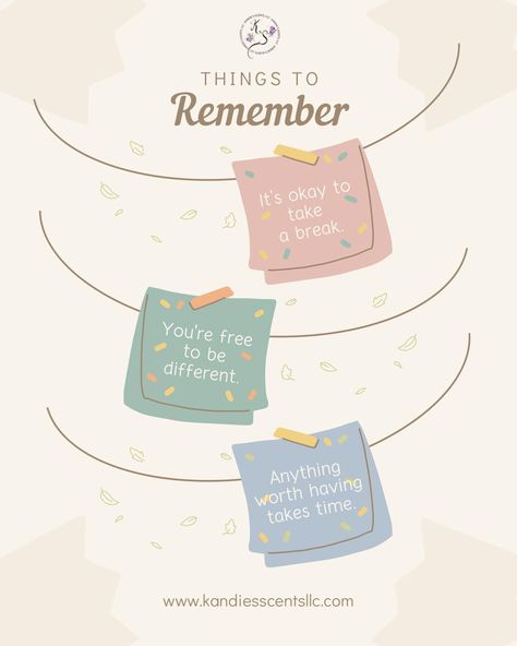 🌿 Friendly Reminders 🌿 1. It's okay to take a break. Rest, recharge, and come back stronger. 💆‍♀️💕 2. You're free to be different. Embrace your uniqueness and shine brightly! ✨🌈 3. Anything worth having takes time. Trust the process and keep moving forward. 🕰️🌟 #SelfCareSunday #EmbraceYourUniqueness #TrustTheProcess #TakeYourTime #MindfulMonday #PositiveAffirmations #SelfLoveJourney #followers #highlight #explorepage✨ #kandiesscentsllc Practicing Gratitude, Online Homeschool, Advertising Ideas, Daily Reminders, Life Challenges, Journals & Planners, Love Yourself Quotes, Ads Creative, Creative Advertising