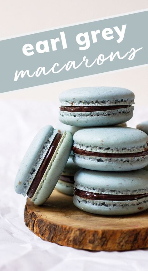 These Earl Grey macarons are to die for! Almond meringue cookie sandwiches filled with Earl Grey tea leaves and an Earl Grey ganache–what more could you want? #macarons #earlgrey No Bake Cookies Chocolate, Macaroons Ideas, Earl Grey Macaron, Creative Pastries, Macaron Fillings, Grey Macarons, Event Desserts, Birthday Cookies Decorated, Earl Grey Chocolate