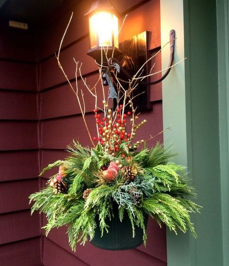 Hanging Basket Ideas, Winter Hanging Baskets, Holiday Planters, Hanging Baskets Diy, Christmas Hanging Baskets, Christmas Window Boxes, Holiday Planter, Winter Planter, Christmas Pots