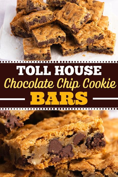 These easy Toll House chocolate chip cookie bars are the perfect combination of chewy and gooey, with pockets of rich, melted chocolate in every bite. Yum! Toll House Chocolate Chip Cookies Bars, Tollhouse Cookie Bars, Chocolate Chip Pan Cookies, Nestle Chocolate Chip Cookies, Chocolate Chip Cookie Bar Recipe, Chocolate Cookie Bars, Tollhouse Chocolate Chip Cookies, Toll House Chocolate Chip, Gooey Chocolate Chip Cookies