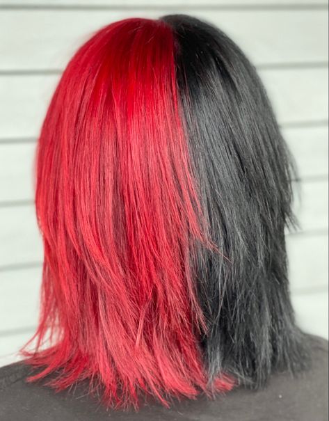 Half red half black hair #hair#spring#splithairideas#splithair #halfandhalfhair#halfandhalf Split Hair Color Red And Black, Cool Red And Black Hair, Red And Black Half And Half Hair, Half Red And Half Black Hair, Half Red Hair Half Black, Two Color Hair Half, Black And Red Split Dye Short Hair, Half Black Half Red Hair Short, Red And Brown Hair Split