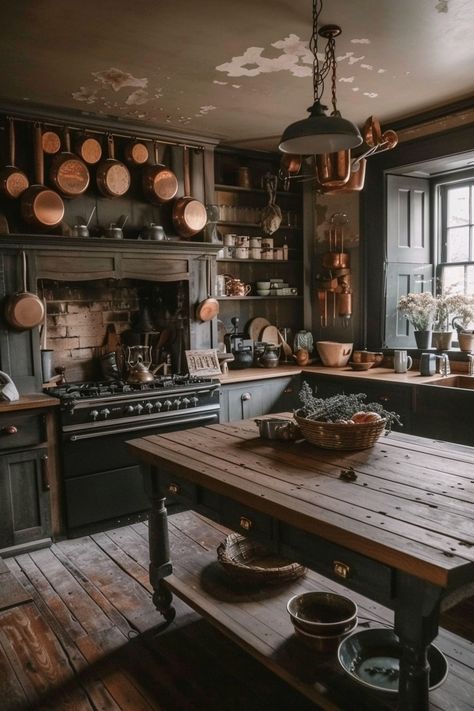 Kitchen Dark Cottage Interior Design, Cottagecore House Interior Kitchen, Dark Cottagecore Decor Kitchen, Harry Potter Inspired Kitchen, Gothic Cottage Kitchen, Moody Victorian Kitchen, 1800s Farmhouse Interior, Dark Academia Farmhouse, Hobbit Tavern