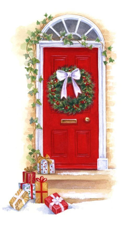 Lisa Alderson 5000 Followers, Vintage Christmas Images, Watercolor Christmas Cards, Advocate Art, Navidad Christmas, Christmas Door Decorations, Christmas Drawing, Christmas Scenes, Red Door