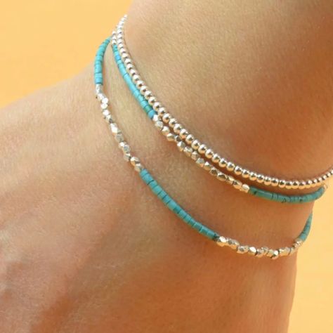 This Double Bracelet Is Handmade With Sterling Silver And Turquoise Beads. It Is Exquisite! Beaded Boho Bracelets, Micro Bead Bracelet, Diy Earrings For Beginners, Silver Beaded Bracelets, Gem Stone Bracelet, Bohemian Beaded Bracelet, Amazonite Bead Bracelet, Tiny Bead Bracelet, Stackable Beaded Bracelets