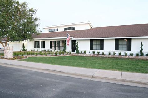 Modern Ranch Reno: Our Black and White Exterior Paint - Classy Clutter White Exterior Paint Colors Ranch House, White Ranch House Exterior Black Windows, Black And White Exterior Paint Colors, Black And White Ranch House Exterior, Contemporary Ranch Exterior, White Ranch House Exterior, White Ranch House, Ranch Style Homes Exterior, Ranch House Landscaping