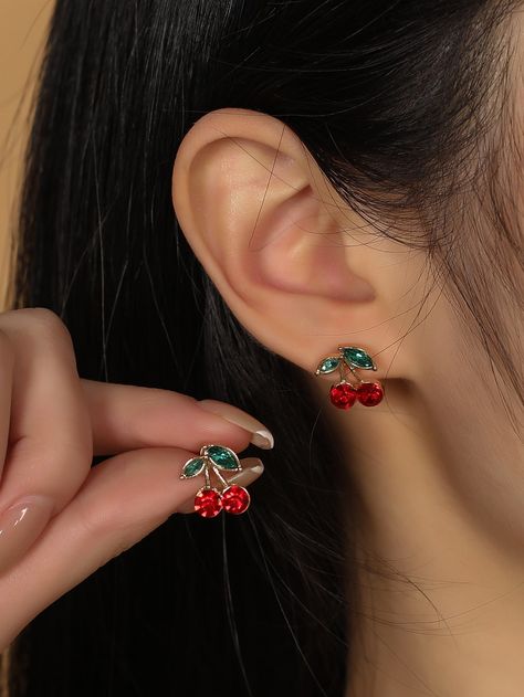 Red  Collar  Zinc Alloy   Embellished   Women Fashion Jewelry Cherry Earrings, Simple Stud Earrings, Alloy Earrings, Bridal Gold Jewellery Designs, Party Earrings, Heart Drop Earrings, Jewelry Lookbook, Watches Women Fashion, Girly Jewelry