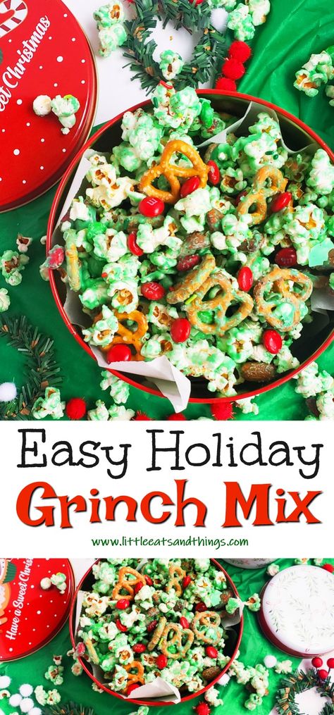 Grinch Mix Recipes, The Grinch Treats For Kids, Grinch Christmas Candy, Grinch Christmas Baking Ideas, Grinch Snacks For School, Healthy Grinch Food, Easy Grinch Snacks For Kids, Grinch Theme Preschool, Grinch Day Treats