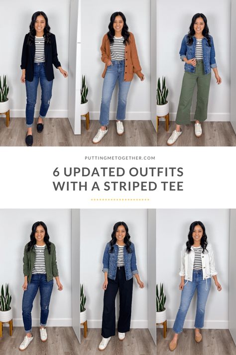 Updated Outfits With a Striped Tee Stripe Tee Outfit, Updated Outfits, Outfits With Striped Shirts, Full Closet, Wardrobe Sets, Timeless Outfits, Stripe Outfits, Wardrobe Outfits, Smart Casual Outfit