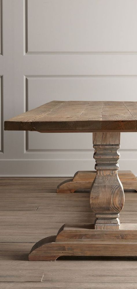 Reclaimed Pine Dining Table: Classic trestle table handcrafted of reclaimed pine. Please note: because these pieces are crafted using reclaimed lumber, each will display cracks, scrapes, and imperfections that add distinct character but do not affect the structure of the piece. Each will vary slightly. Rustic bleached finish. #pinefurniture #pinediningroomtable #reclaimedwood #reclaimedwooddiningtable #diningrooms Reclaimed Pine Dining Table, Rustic Pedestal, Dining Table Classic, Pedestal Dining Room Table, Dining Room Accents, Wood Dining Room Table, Pine Dining Table, Dining Table Rustic, Reclaimed Wood Dining Table