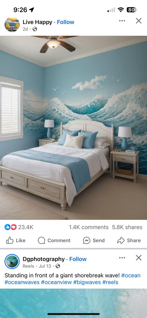 Ocean Inspired Bedroom, Baby Blue Bedrooms, Ocean Bedroom, Beach Style Bedroom, Beach Room Decor, Beachy Bedroom, Ocean Room, Beachy Room, Door Art