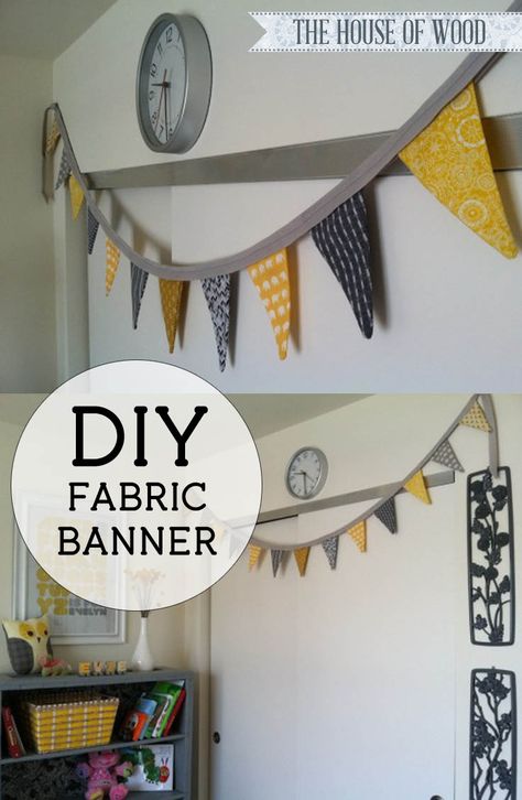 Make your own fabric bunting banner with this tutorial by Jen Woodhouse from The House of Wood. Easy, beginner DIY project to decorate your child's nursery! Diy Fabric Banner, Fabric Banner Diy, Diy Fabric Bunting, Diy Bunting Banner, Homemade Banners, Classroom Bunting, Outdoor Bunting, Cloth Banner, Bunting Tutorial