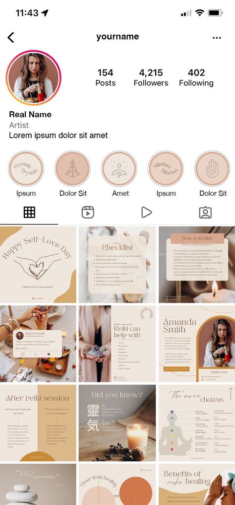 Instagram Feed Grid with beautiful modern design for Reiki masters, spiritual workers, magicians or astrology specialist workers in beige, orange and pink colors. Social Media Stories, Posts, Story Highlight Covers Spiritual Digital Products, Reiki Post Ideas, Energy Healing Branding, Reiki Social Media Content, Reiki Instagram Feed, Reiki Branding Photoshoot, Spiritual Highlight Covers, Reiki Branding, Reiki Business Ideas