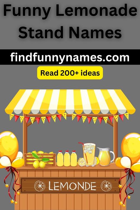 Looking for some catchy and hilarious names for your lemonade stand? Look no further! We've compiled a list of witty and pun-filled names that will surely make your customers smile. Whether you're setting up a stand at a local fair or just in your neighborhood, these names are bound to grab attention and create a buzz on social media. #FreshlySqueezed #TartAndTasty #SourAndSilly #LemonLoversParadise #SipAndSmile Lemonade Name Ideas, Catchy Lemonade Stand Names, Lemonade Stand Name Ideas, Lemonade Business Names, Lemonade Stand Names, Lemonade Stand Ideas, Pun Names, Diy Lemonade Stand, Lemonade Bar