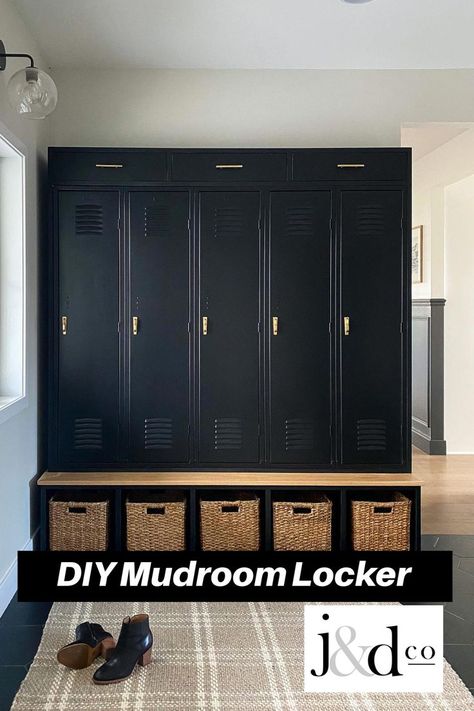 Black built-in mudroom lockers Garage Lockers, Entry Way Lockers, Built In Lockers, Diy Locker, Home Lockers, Vintage Lockers, Mudroom Lockers, Joinery Design, Gym Lockers