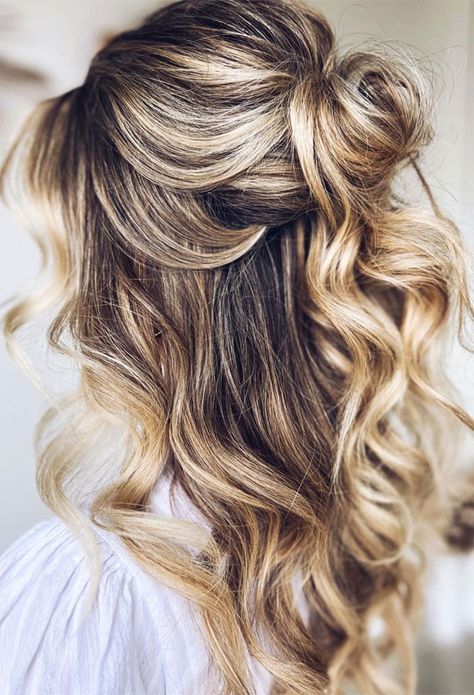 half up half down hairstyle, wedding half up half down hairstyle, boho half up, bridal hairstyle, bridal half up half down, wedding hair down, half up half down bridal hairstyle Bridal Hair Fall Wedding, Relaxed Half Up Wedding Hair, Fall Bridal Hair, Bridal Hair Half Up Half Down, Bridesmaid Hair Inspo, Loose Bun, Bridal Hair Half Up, Hair Education, Bridal Stylist