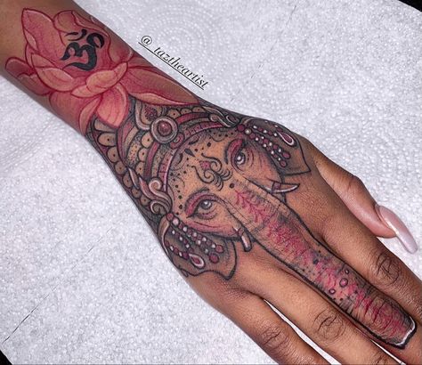 Arabic Flower Tattoo, Thai Hand Tattoo, Female Hand Tattoos Black Women, Henna Hand Tattoos Black Women, Thug Tattoos For Women Arm, Elephant Hand Tattoos For Women, Big Hand Tattoos For Women, Hand Tattoos For Women Black, Side Burn Tattoos For Women