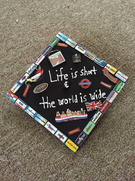 Decorated my cap today for graduation this weekend! Travel themed :) Graduation Cap Designs Travel, Travel Grad Cap, Travel Graduation Cap, Quotes For Graduation Caps, Graduation Hat Designs, 2000s Memories, Teacher Graduation Cap, Graduating Teacher, Graduation Cap Decoration Diy