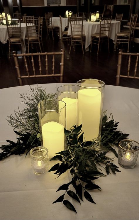 Candles And Greenery Centerpiece, Greenery Centerpiece, Simple Centerpieces, Wedding 2025, Wedding Vases, Wedding Vibes, Venue Ideas, Candle Centerpieces, Wedding Welcome Signs