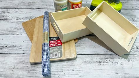 Dollar Tree Decorative Shelf DIY | Everything except the paint and glue came from Dollar Tree for this diy! I hope it inspires you! | By We Craft Around Diy Dollar Store Shelf, Wood Box Shelves, Diy Display Shelf, Wooden Box Crafts, Dollar Store Diy Decorations, Crate Crafts, Cutting Board Crafts, Crate Decor, Wooden Box Diy